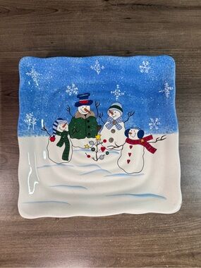 (2) St. Nicholas Square Button Up Snowman Christmas Dinner Plates 11”